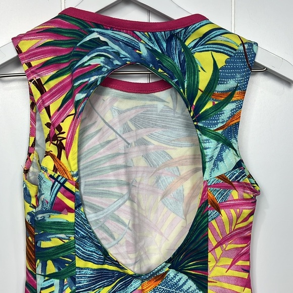 Zara Basic Bodycon Dress S Pink Yellow Tropical Open Back Fitted Racerback Mini - Picture 5 of 10